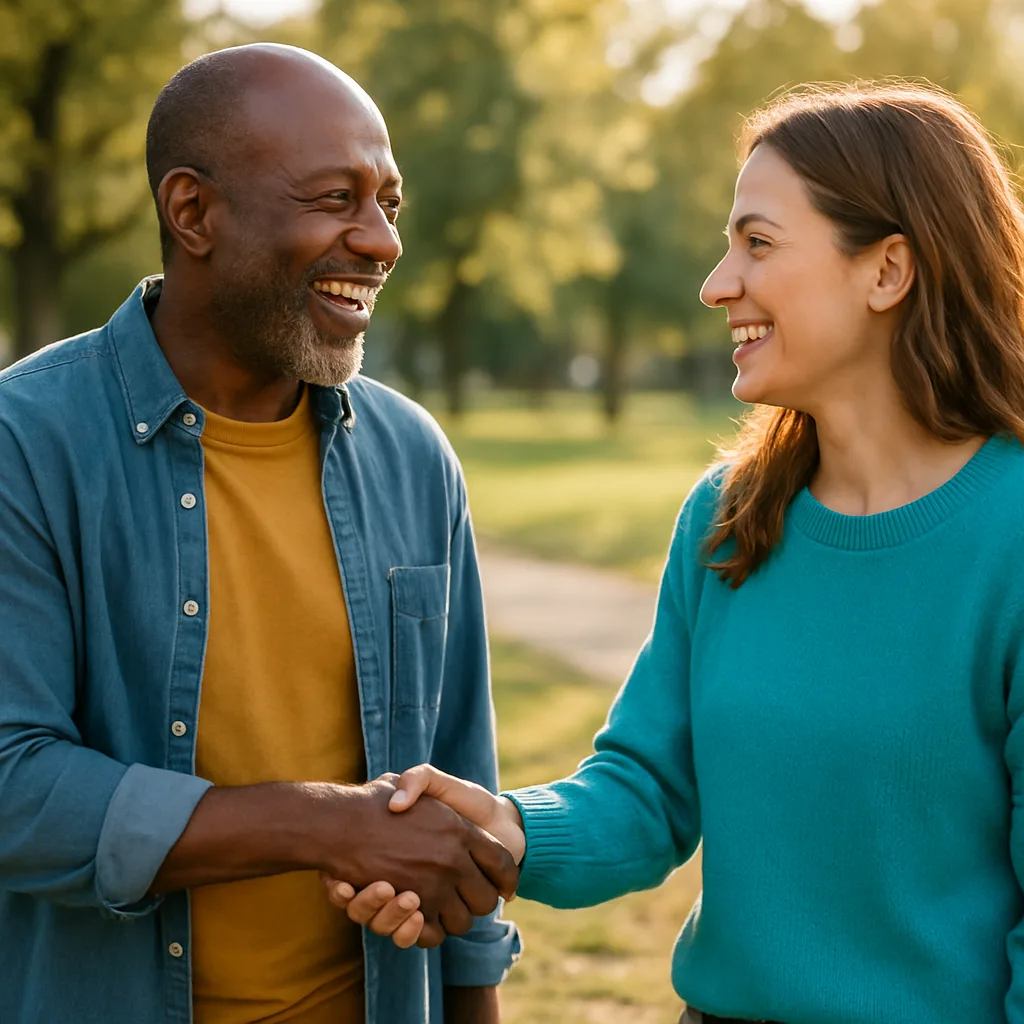 Two people meeting at a local park — genuinely local Bristol dating