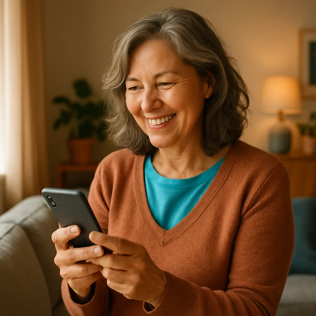 Smiling woman confidently checking her phone — verified profiles on The Bristol Dating Site